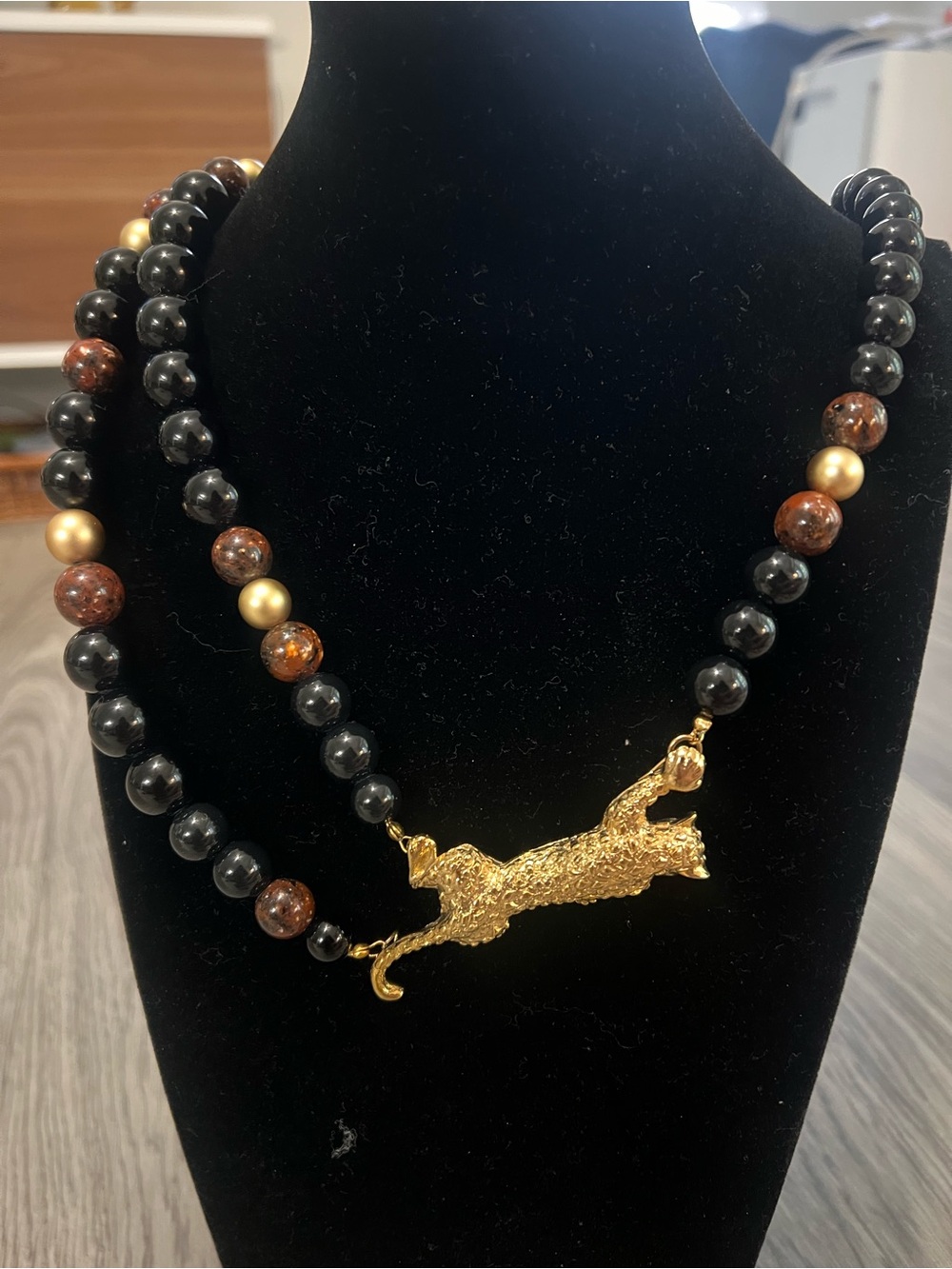 Gold Tone Jaguar Pendant Double-Strand Beaded Necklace - Black & Brown